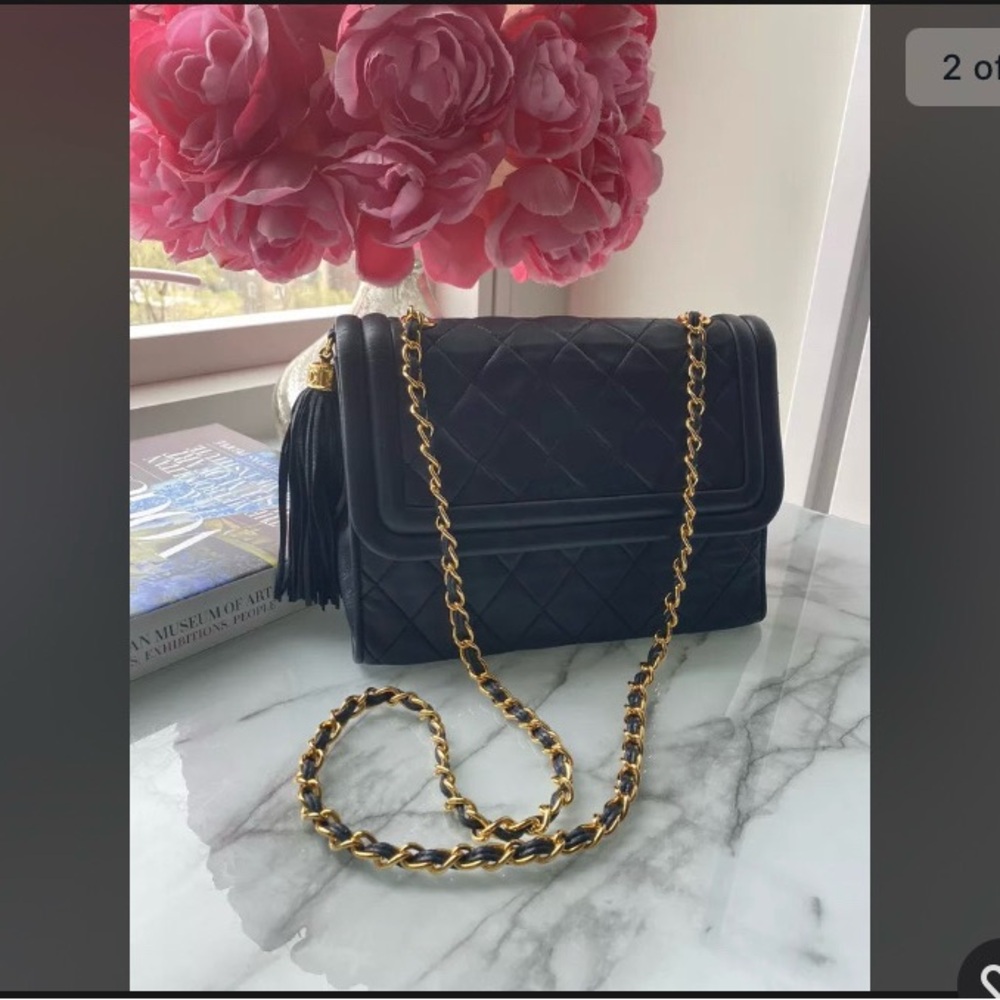 Authentic CHANEL Vintage Navy Lambskin Leather Matelassé Fringe Handbag - AS IS - Picture 6 of 11